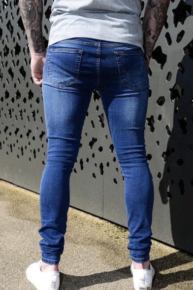 Men's Street Trendy Cool Knee Cut Slim Distressed Ripped Jeans