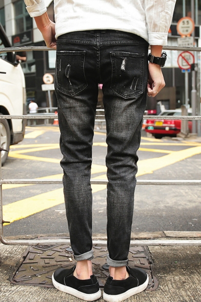 Men's Stylish Washed-Denim Black Patched Ripped Jeans
