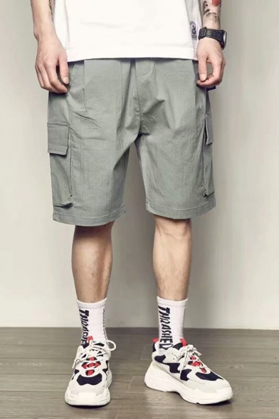 Men's Summer New Fashion Large Flap Pocket Side Drawstring Waist Simple Plain Loose Cargo Shorts