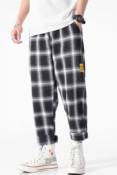 Men's Summer New Fashion Letter Patchwork Plaid Pattern Casual Loose Wide Leg Pants