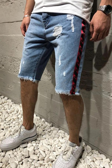 Men's Summer Trendy Contrast Tape Side Light Blue Raw Hem Ripped Denim Shorts