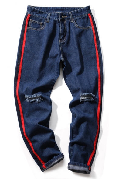 Men's Trendy Contrast Stripe Side Knee Cut Zip-fly Casual Jeans