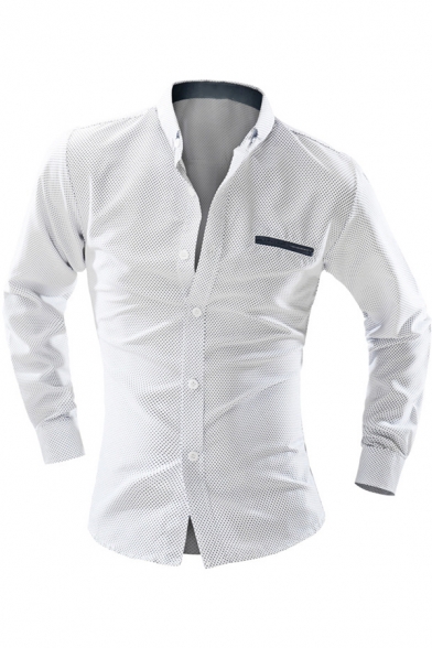 Mens Cotton Simple Polka Dot Printed Long Sleeve Button Down Fitted Business Shirt