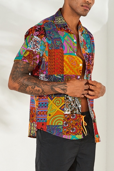 HEFASDM Mens Skinny Linen Blouse Tops Tribal Pattern V-Neck Western Shirt