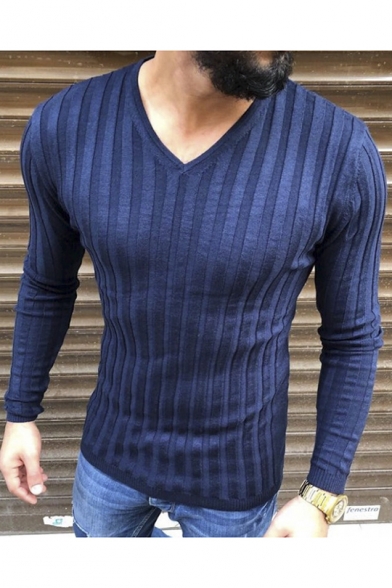Mens Fashion Rib Knit V-Neck Long Sleeve Plain Slim Fitted T-Shirt