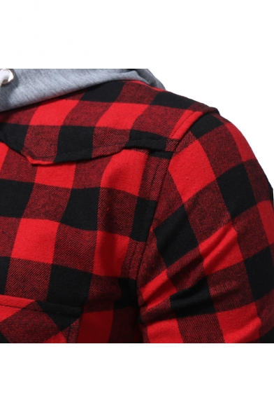 Mens Trendy Check Plaid Printed Long Sleeve Drawstring Hooded Cotton Shirt Jacket Coat