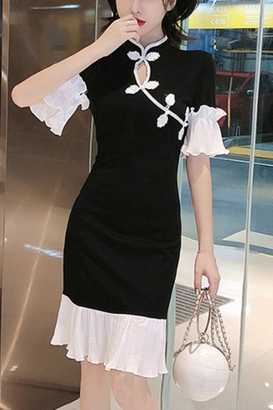 New Arrival Chic Vintage Black Short Sleeve Frog Button Ruffle Trim Patch Midi Fitted Dress