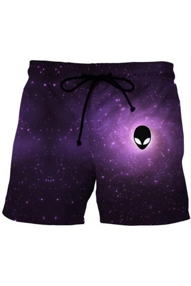New Fashion 3D Galaxy Alien Printed Drawstring Waist Purple Summer Beach Swim Trunks