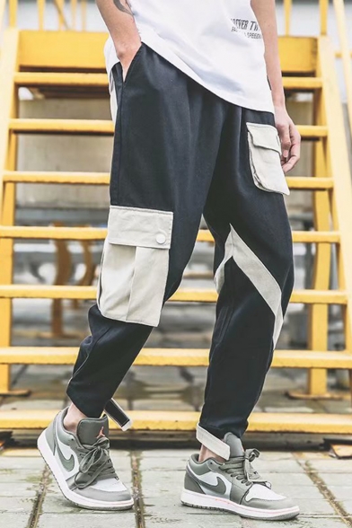 New Fashion Colorblock Multi-pocket Drawstring Waist Men's Black Cotton Casual Cargo Pants