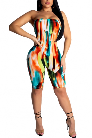 New Fashion Tie Dye Strapless Sleeveless Open Back Skinny Fitted Rompers