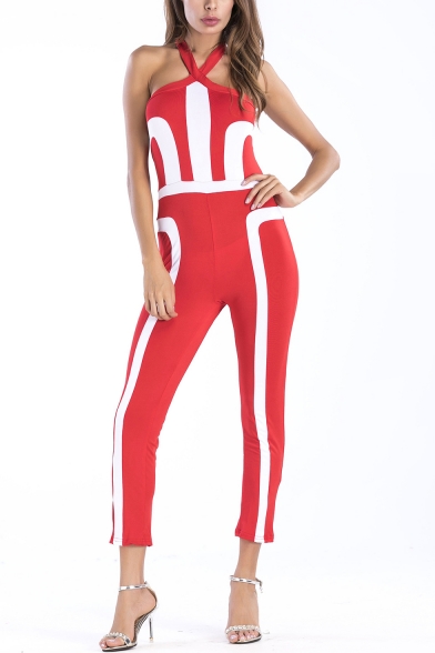 

New Trendy Halter Neck Backless Colorblock Slim Fit Jumpsuits, LM546292, Blue;red;dark red