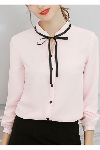 Office Lady Chic Bow-Tied Stand Collar Long Sleeve Button Down Plain Shirt Blouse