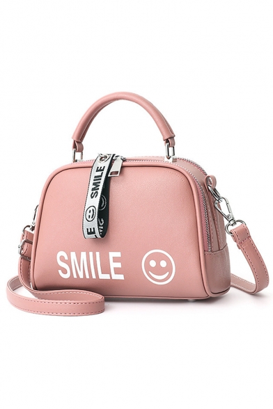 Popular Fashion Letter SMILE Emoji Printed Ribbon Embellishment PU Leather Zipper Satchel Shoulder Bag 20*11*14 CM