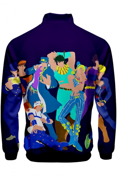 Purple Comic Character 3D Pattern Stand Collar Long Sleeve Zip Up Jacket