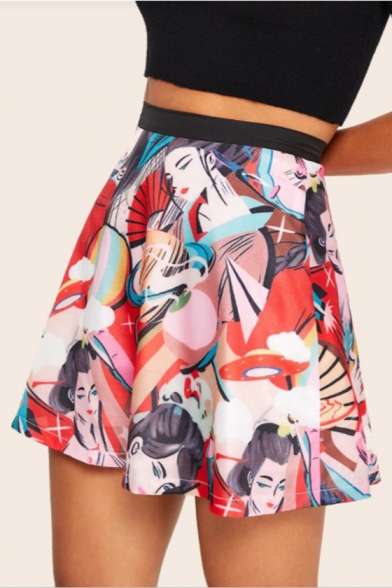 Red Comic Cartoon Girl Printed High Rise Mini A-Line Skirt