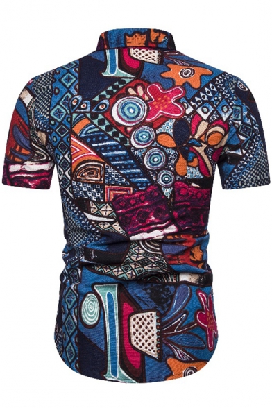 Retro Ethnic Style Blue Tribal Print Mens Short Sleeve Button Up Slim Shirt