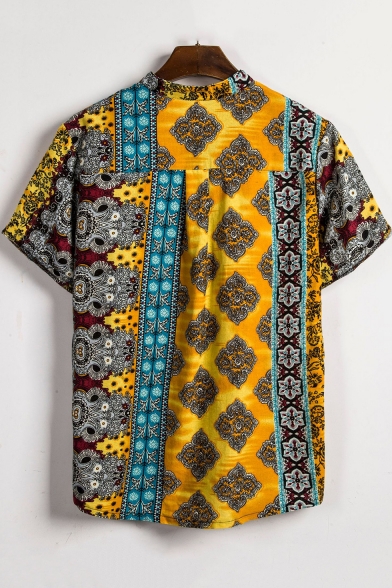 Retro Tribal Floral Printed Basic Short Sleeve Button Front Yellow Casual Shirt for Guys