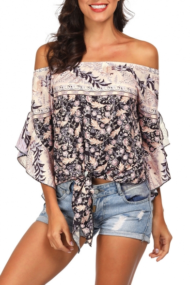 Summer Chic Floral Printed Off the Shoulder Ruffled Sleeve Tied Hem Casual Beach Blouse