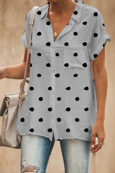 Summer Classic Polka Dot Printed Short Sleeve Button Down Loose Casual Shirt Blouse