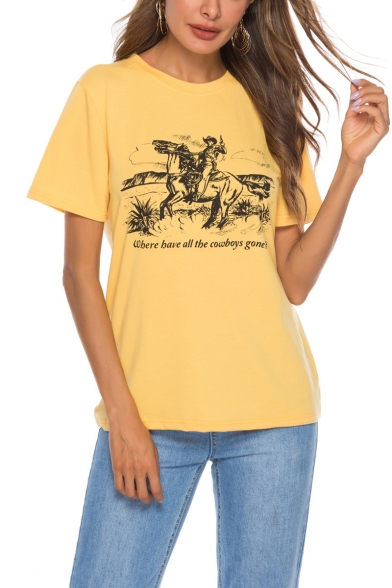 Summer Cool Cowboy Print Round Neck Short Sleeve Yellow Graphic Tee