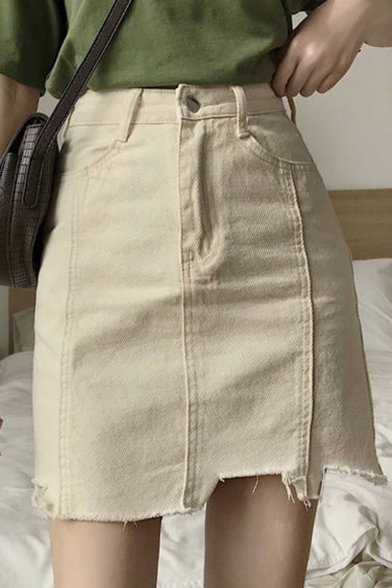 Summer Cool High Waist Plain Asymmetric Fringe Hem Pocket-Front Fitted Mini A-Line Skirt