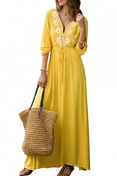 Summer Fashion Boho Style V-Neck Long Sleeve Drawstring Waist Maxi Yellow Swing Dress