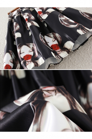 Summer Fashion Comic Girl Printed Midi A-Line Crinkled Skirt