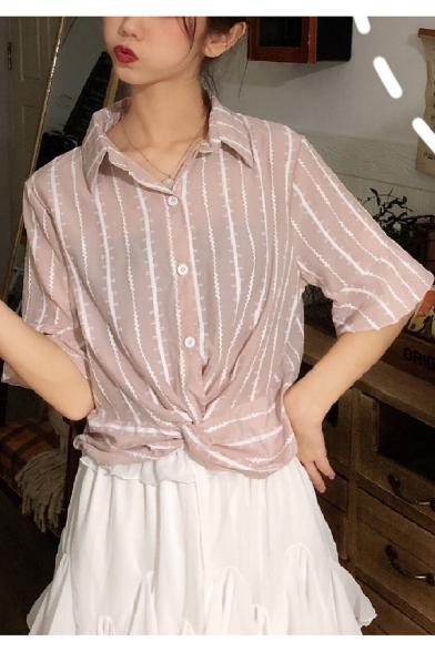 Summer Fashion Vertical Striped Print Twist Hem Loose Casual Shirt Blouse
