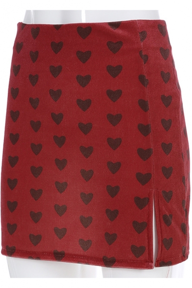 Summer Girls Cool Red Allover Heart Printed High Rise Split Side Mini Bodycon A-Line Velvet Skirt