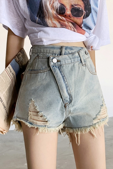 Summer Girls Fashion Distressed Ripped Frayed Hem High Rise Crossover Denim Shorts