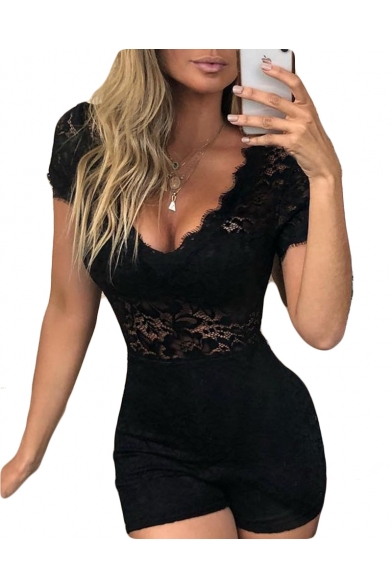 Summer Girls New Stylish Sexy Simple Plain Lace-Trimmed Plunging V-Neck Short Sleeve Bodycon Romper