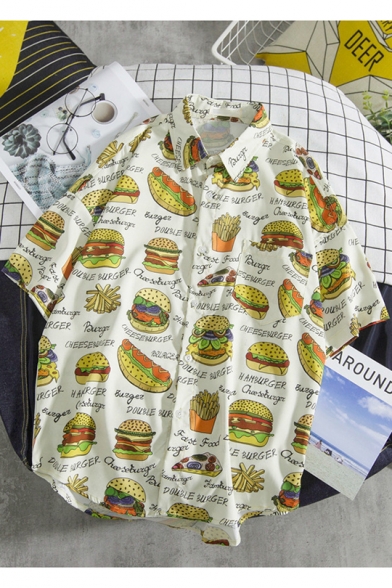 Summer Guys Funny Allover Hamburger Pattern Short Sleeve Cotton Loose Beach Shirt
