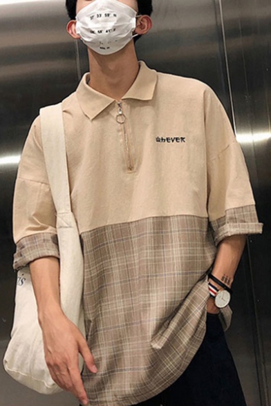 Summer Guys Simple Letter Plaid Patched Zipper Front Loose Oversized Polo Shirt
