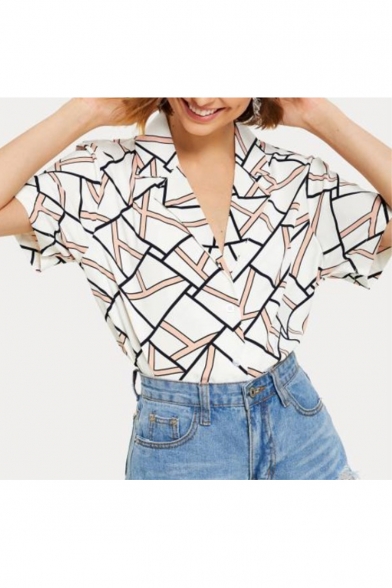 Summer Hot Fashion Street Style Striped Check Print Lapel Collar Short Sleeve Loose Shirts