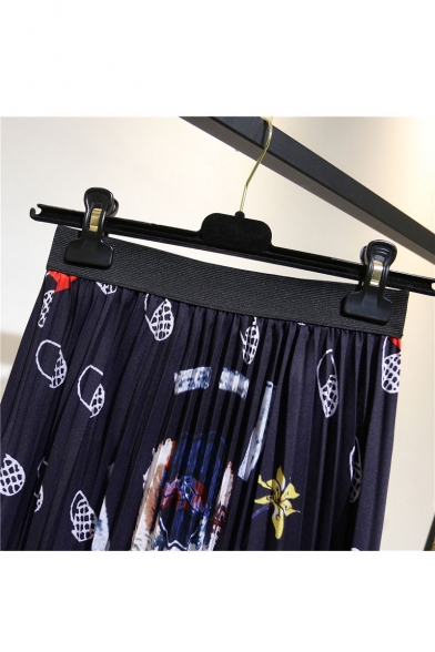 Summer Hot Trendy Cat Print Elastic Waist Colorblack Pleated A-Line Midi Leisure Skirt