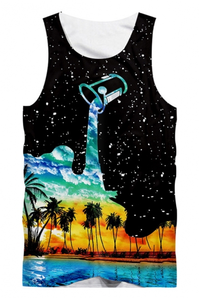 Summer Mens Unique Black Starry Dropped Oil Painting Coconut Print Tank Top