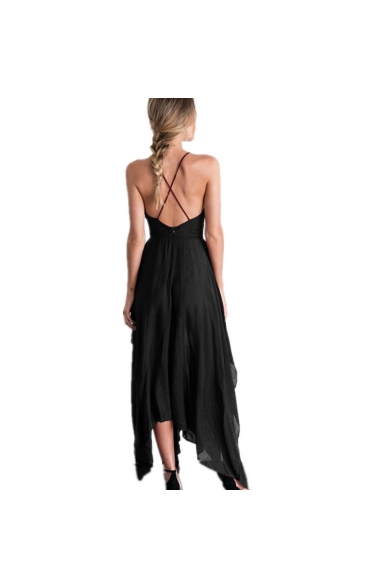 Summer Plain V-Neck Sleeveless Maxi Asymmetrical Slip Dress
