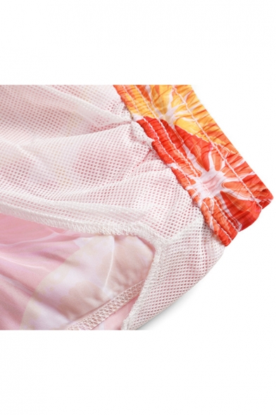 Summer Popular Orange Grapefruit Stripe Printed Drawstring Waist Beach Shorts Swim Trunks for Men with Pocket and Mesh Liner