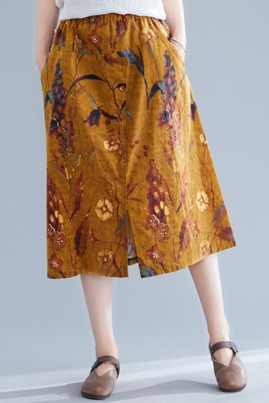 Summer Retro Floral Printed Elastic Waist Button Front Midi Linen Skirt