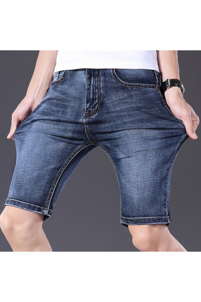 Summer Simple Fashion Light Washed Plain Slim Fit Zip-fly Denim Shorts for Men