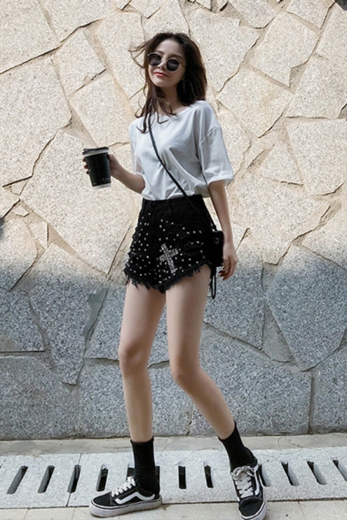 Summer Street Style Cool Cross Studded Embellished Frayed Hem Denim Shorts