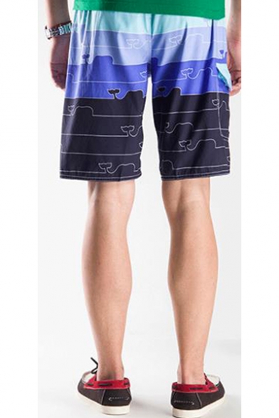 Summer Stylish Casual Quick Drying Colorblocked Pattern Drawstring Waist Beach Short Swim Trunks for Guys with Side Pocket
