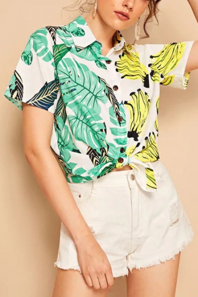 Summer Trendy Banana Leaf Printed Short Sleeve Holiday Button Shirt for Women