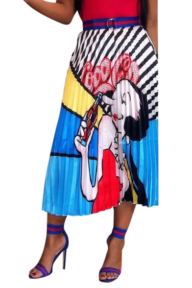 Summer Women New Stylish Causal Cartoon Print Midi Elastic Waist Pleated Skirt
