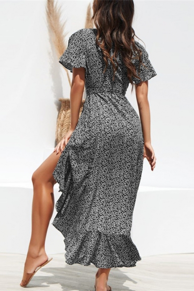 Summer Womens Fancy Floral Printed Surplice V-Neck Split Short Sleeve Tied Waist Maxi Wrap Dress