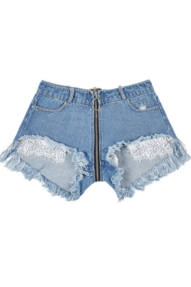 Summer Womens New Stylish Lace Patched High Rise Zipper-Fly Clubwear Hot Pants Denim Shorts