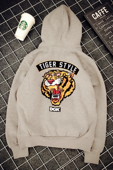 Tiger Style Printed Grey Casual Loose Long Sleeve Hoodie