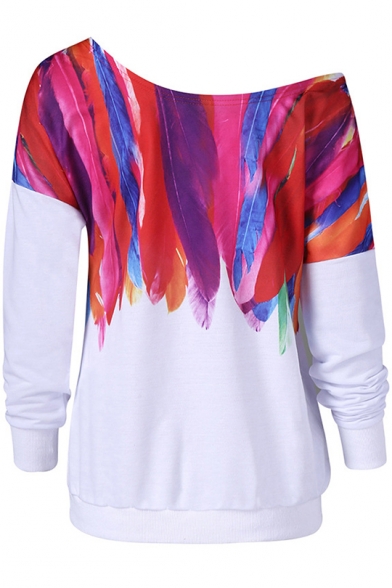 Trendy Colorful Feather Painting One Shoulder Long Sleeve White Sweatshirt