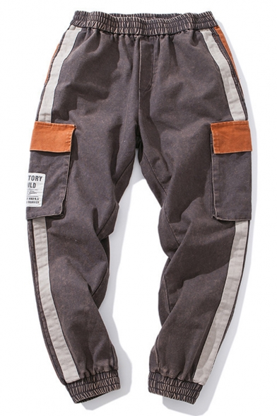 Trendy Letter Patched Contrast Stripe Side Flap Pocket Elastic Waist Men's Cotton Cargo Pants