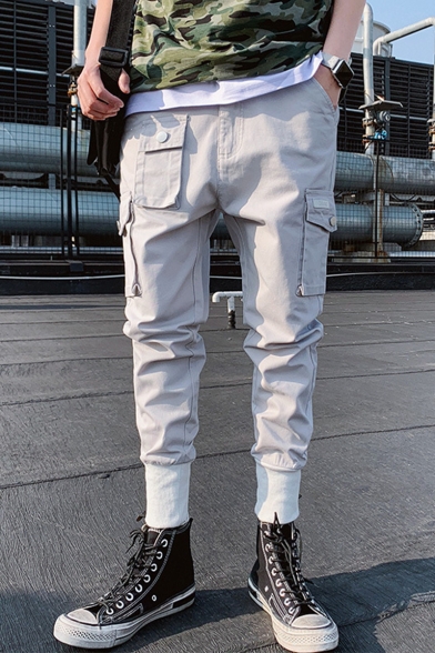 Trendy Multi-pocket Solid Color Elastic Cuff Men's Fashion Cotton Cargo Pants